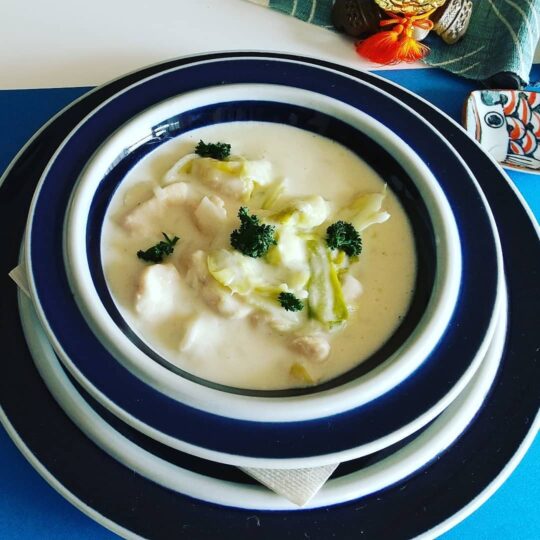 ササミと白玉ニョツキのクリーム煮